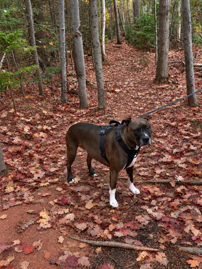 Frankie on a wooded trail covered in autumn leaves